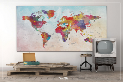 World Map, Watercolor World Map, Push Pin World Map, Extra Large World Map, Push Pin Travel Map, Wall Decor, Wall Hanging, Wanderlust-855 - CocoMilla