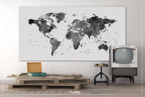 World Map, Watercolor World Map, Black White Push PinWorld Map, Extra Large World Map, Travel Map, Wall Decor, Wall Hanging, Wanderlust-962 - CocoMilla